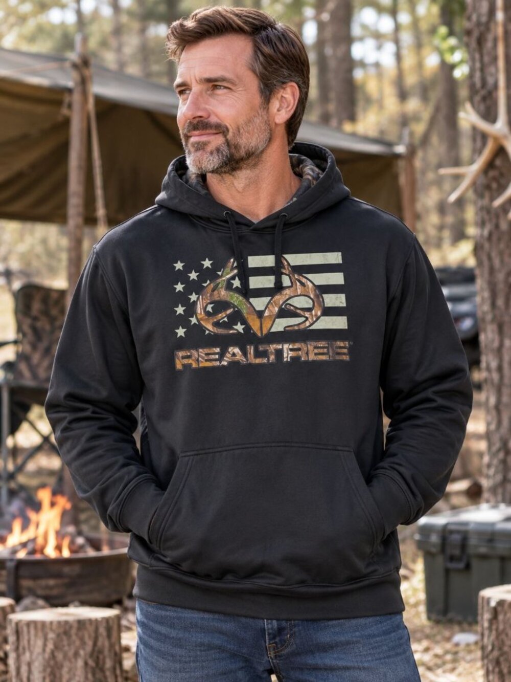 Realtree Mens Camo Logo Hoodie Antlers American Flag Design Size XL